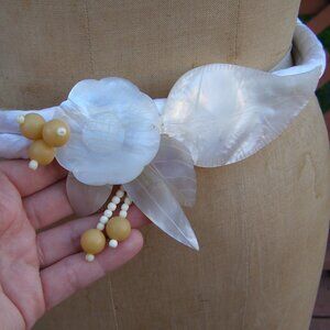UNIQUE One of a kind Satin Rolled Belt/Necklace Mother of Pearl Leaf Buckle Bead